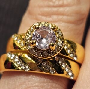 Gold-toned Ring Wedding Set Central Stone Cubic Zirconia  Rhinestone 10